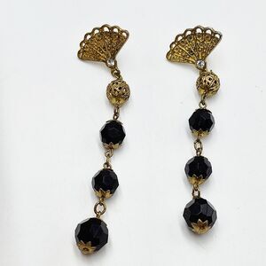 Vintage Duster Black Acrylic Beads Drop Fan Shape Lomg Dangle Earrings 3.75"